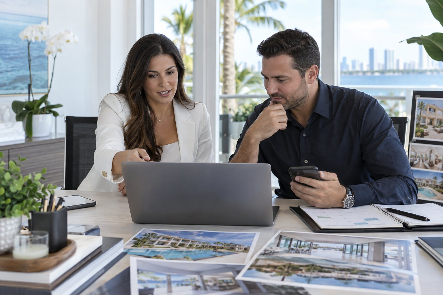 Realtor and marketing strategist reviewing a real estate website lead funnel