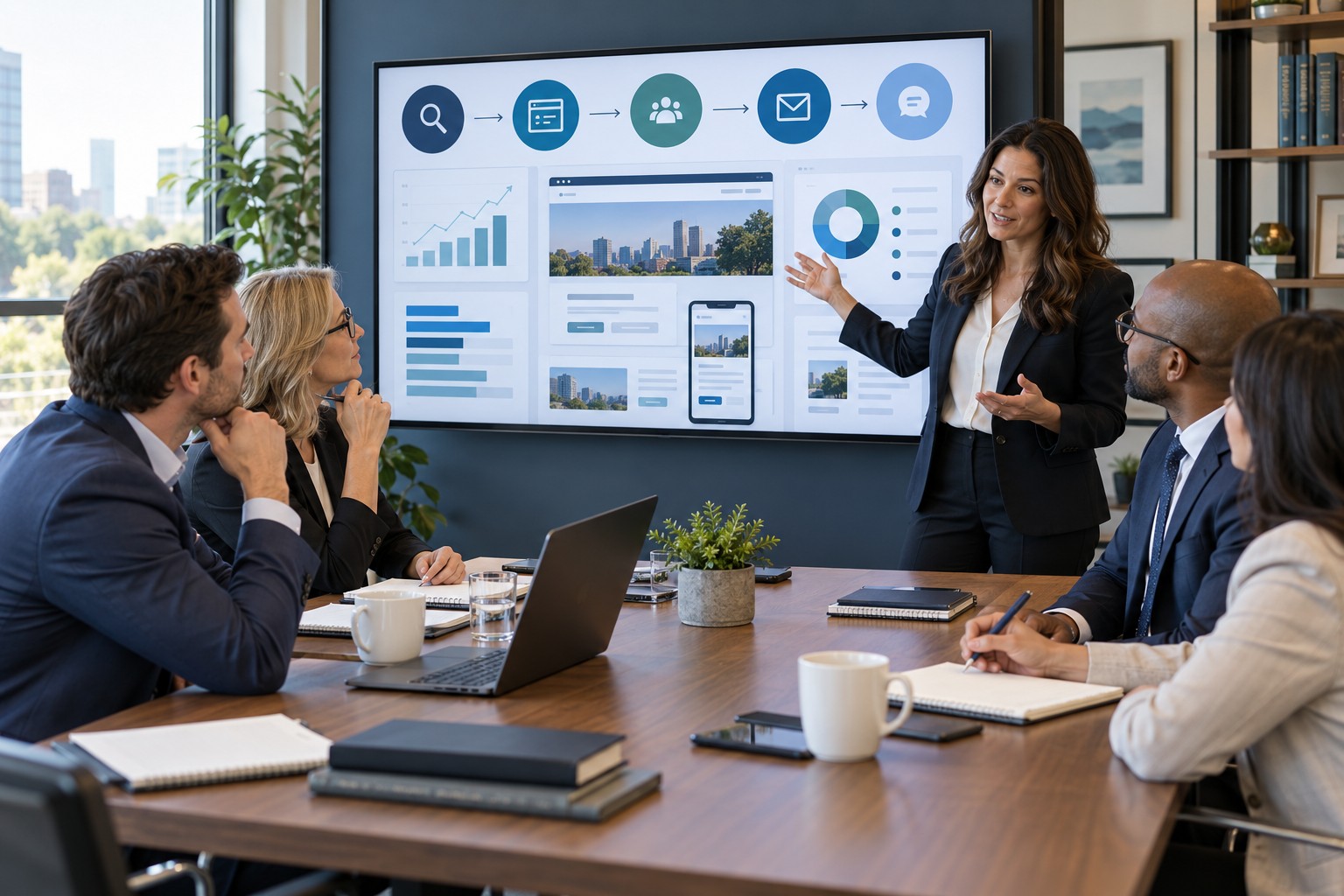 Law firm partners and marketing strategist planning a multi-channel program