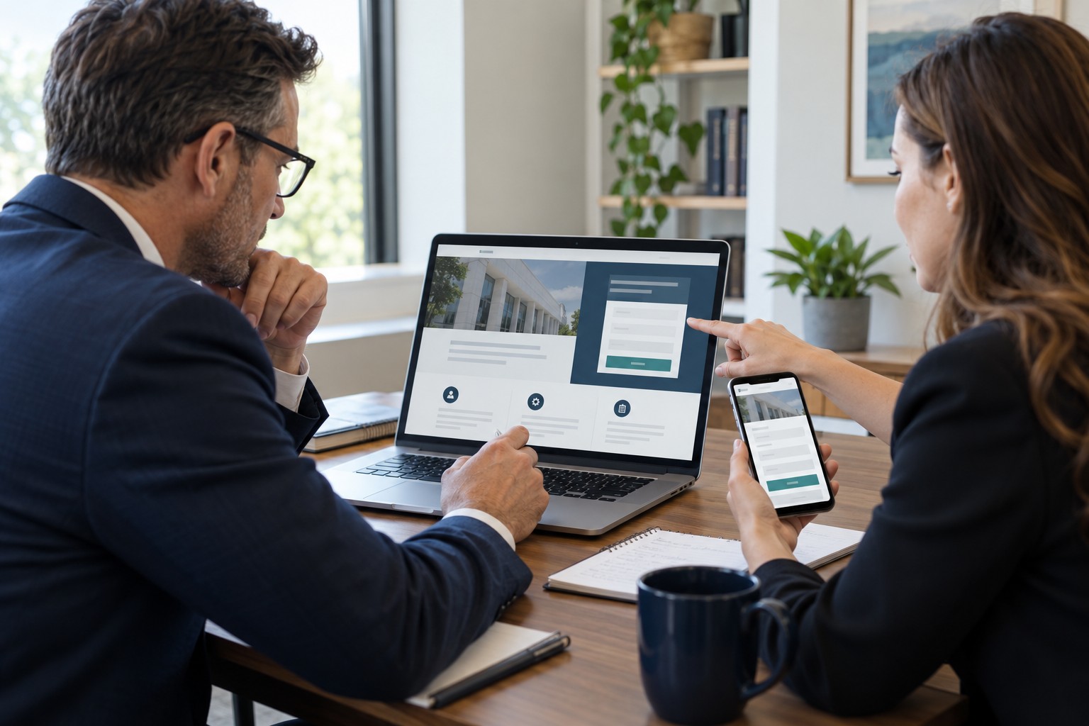 Attorney and website strategist reviewing a mobile consultation path and law firm site layout