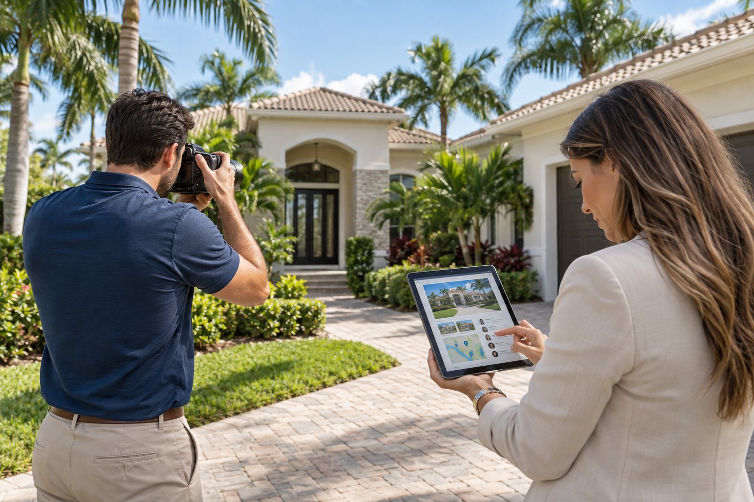 Realtor photographing a South Florida home while a marketing strategist reviews listing content