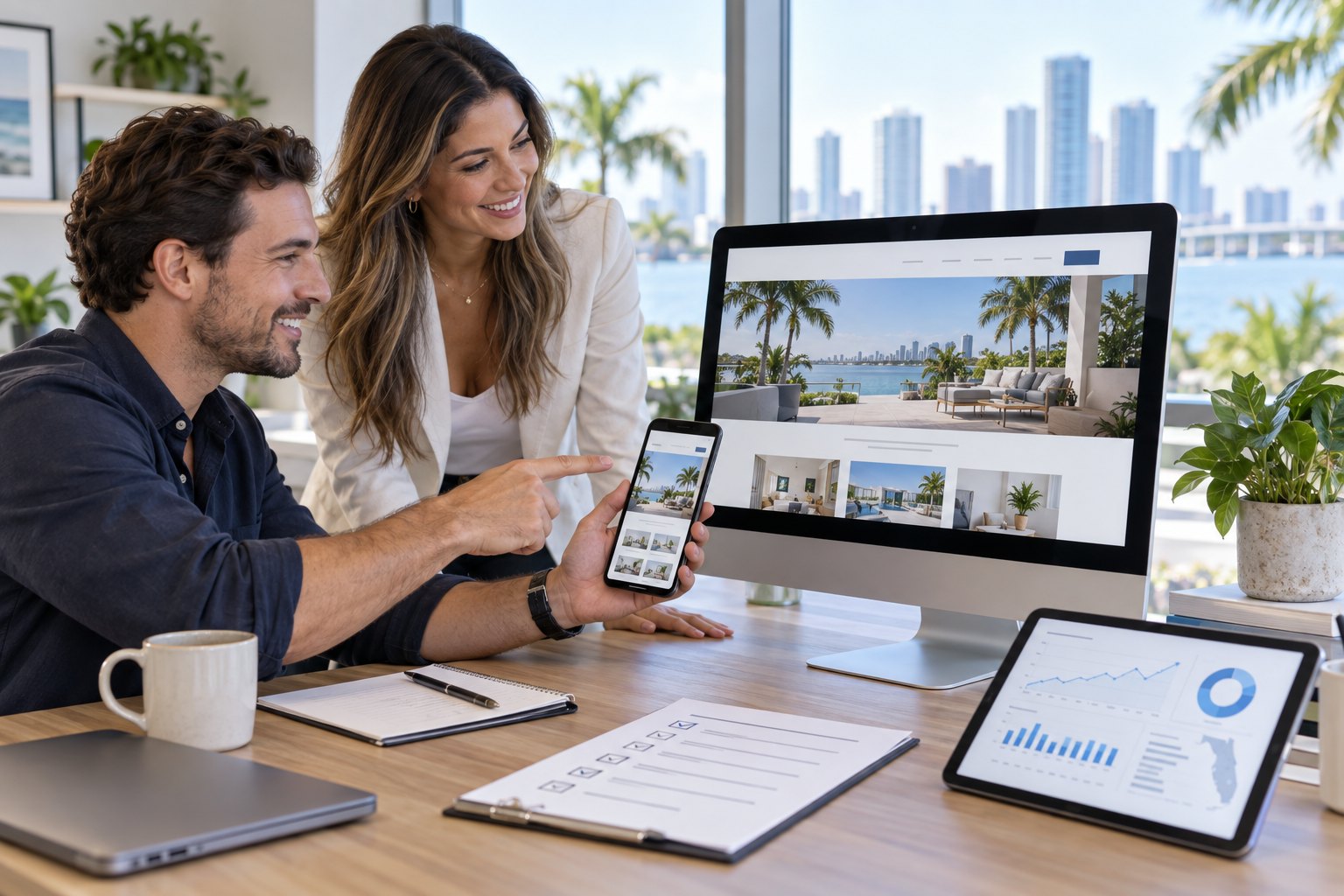 Small business owner and web professional reviewing a newly launched website