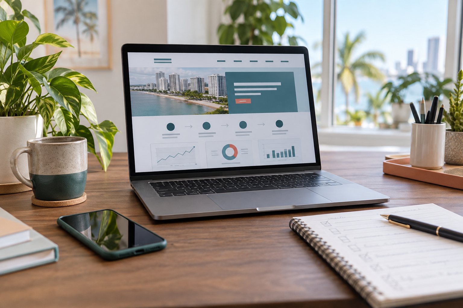 Laptop showing an abstract website conversion path beside a marketing checklist